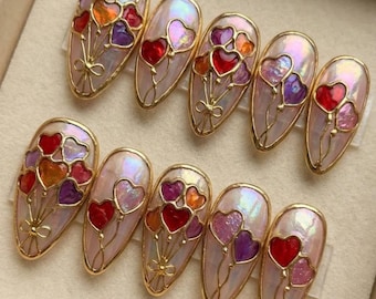 Stained Glass Heart Balloon Press On Nails, 3D Gold Filigree, Valentine's Day Nail Art