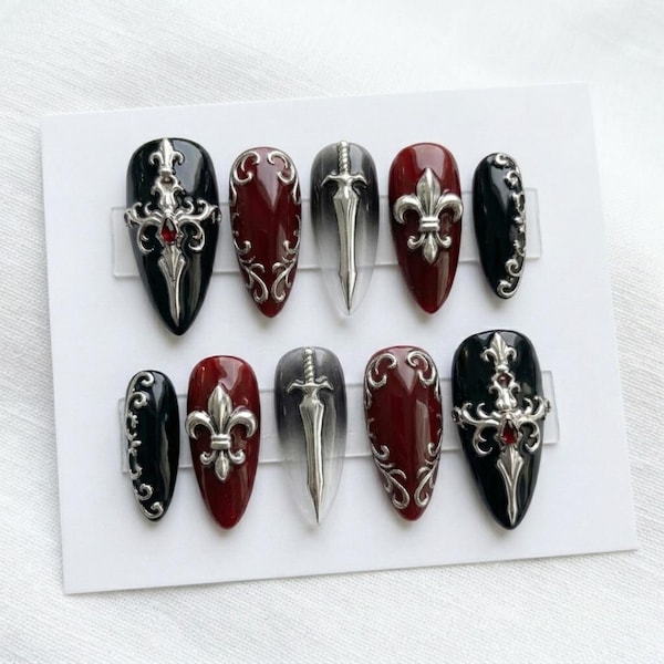 Gothic Sword Press On Nails, Dark Red Black Filigree Stiletto Set