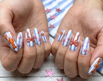 COASTAL HUMMER & STRIPES: Handbemalte 3D Schleife Press On Nails | Maritime Sommer-Aquarellkunst