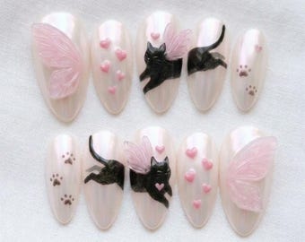 3D Fairy Cat Press On Nails | Kawaii Black Cat with Pink Wings Nails | Iridescent Pearl False Nails | Heart & Paw Print Art
