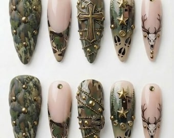 Hand-Painted Camo Press On Nails, Deer Skull, Hunting Season