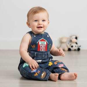 Peut inclure: Un bébé souriant porte une salopette en jean ornée d'écussons sur le thème de la ferme. La salopette présente un motif de grange rouge avec le texte "Farmer Japrn". Les écussons incluent un poussin, un cochon et d'autres images liées à la ferme.