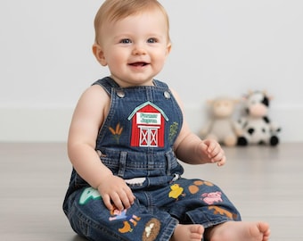Farm Birthday Overalls – Personalized Denim Outfit with Barnyard Animals, Custom Name & Age