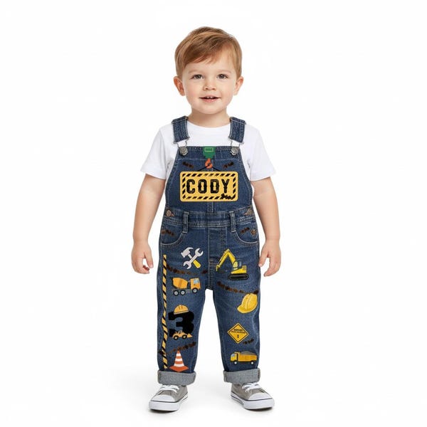 Personalized Construction Theme Denim Overalls - Birthday Outfit