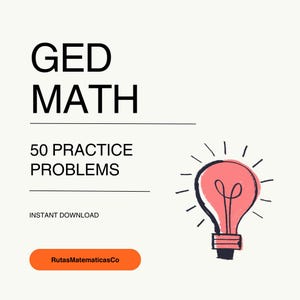 May include: A graphic with the words "GED MATH" above "50 PRACTICE PROBLEMS" and "INSTANT DOWNLOAD". A lightbulb illustration is on the right. The bottom has an orange button with the text "RutasMatematicasCo".