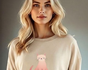 Sudadera minimalista con ilustración de gato rosa / Cuello redondo acogedor