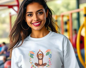 Monkey Graphic Crewneck Sweatshirt, Chimp Design Sweatshirt, Wildlife Animal Clothing, Jungle Theme Apparel