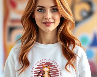 Sudadera con cuello redondo "Gato naranja que conecta tu energía" / Gato meditador, espiritual