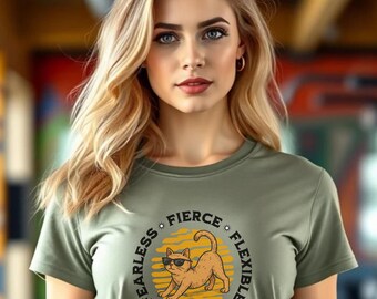 Camiseta naranja flexible y feroz con gato intrépido / Camiseta gráfica con gato yoga