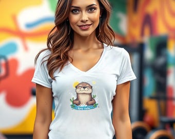 Whimsical Otter Graphic V-Neck T-Shirt | Nature Lover Tee