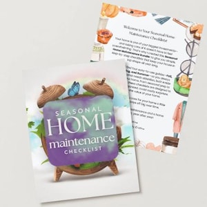 May include: Two cards with watercolor illustrations. One card features a wooden clock with the words "SEASONAL HOME maintenance CHECKLIST" on a purple and green background. The other card has text about home maintenance.