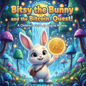 Puede incluir: Portada de libro infantil con un conejo blanco, Bitsy, sosteniendo una moneda de oro con un símbolo de Bitcoin. El título es "Bitsy the Bunny and the Bitcoin Quest!" con el subtítulo "A Children's Guide to Digital Money." El fondo es un bosque colorido.
