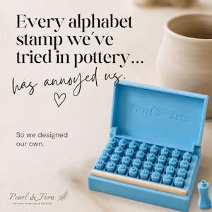 May include: A bright blue plastic case containing a set of alphabet stamps for pottery, with the text Pearl & Fern embossed on the lid. The image includes the text: Every alphabet stamp we've tried in pottery... has annoyed us. So we designed our own.