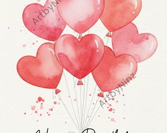 Verjaardagskaart aquarel hartballonnen – roze en rood (digitale download)
