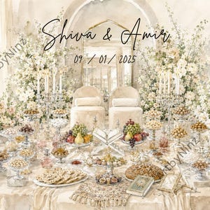 May include: A watercolor illustration of a wedding table setting featuring the text Shiva & Amir and 09 / 01 / 2025. The scene includes two chairs, floral arrangements, crystal candelabras, glass bowls filled with fruits and nuts, and a book.