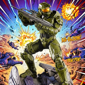 以下が含まれることがあります： ライフルを構えた緑色のアーマーを身につけた兵士のアクションフィギュア。背景は漫画風で、爆発と「KA-BLOOM！」と「PEW！PEW！」のテキストが描かれています。フィギュアは岩の台座の上に立っています。