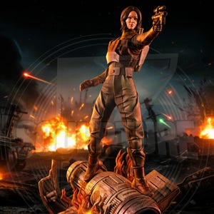 May include: A detailed statue of a woman in a brown jumpsuit, holding a blaster, standing atop a mechanical structure with flames. The background features explosions and a dark, war-torn environment. The statue is a collectible item.