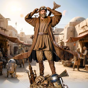 May include: A detailed statue of a character from Star Wars, wearing goggles and a long brown coat, standing on a base with droids and the words "STAR WARS". The figure is set against a desert backdrop.