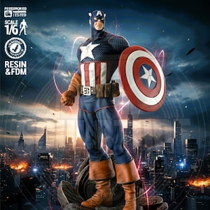 May include: A Captain America statue in a dynamic pose, holding his iconic shield. The figure is clad in a blue, white, and red costume, with brown boots and gloves. The statue is on a detailed base with the Avengers logo, set against a cityscape backdrop.