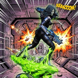 May include: A dynamic comic book-style illustration of a female character in a futuristic setting. She is clad in a black suit, wielding a blue weapon, and leaping over a green, textured base. Explosions and the word "KRAKOOOM!" add to the action.