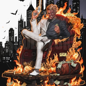 Könnte beinhalten: Detaillierte Illustration von Two-Face, einer Figur von DC Comics, in einem Stuhl inmitten von Flammen. Er hält eine Waffe und eine Münze, mit einer Stadtkulisse und Fledermaus-Silhouetten. Die Worte "WHOOSH" und "KA-BLAM" sind sichtbar.