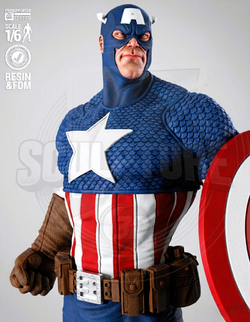 May include: A detailed Captain America figurine. The figure wears a blue and white star-emblazoned costume with a red, white, and blue striped torso. The figure is holding a red shield. The figure is 1/6 scale.