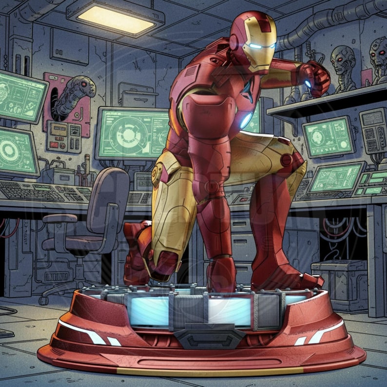 May include: A detailed illustration of the Iron Man suit in a dynamic pose, kneeling on a red and silver platform. The suit is primarily red and gold, with a glowing arc reactor. The background depicts a futuristic lab setting with computer screens and alien figures.