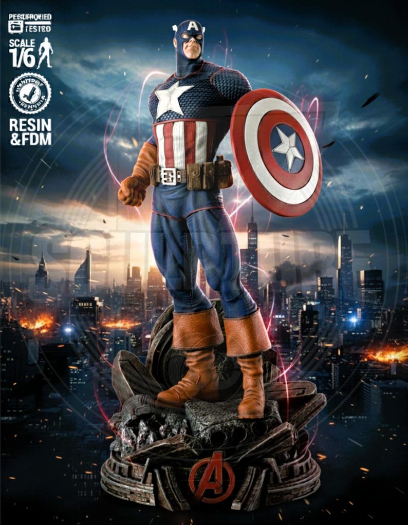 May include: A Captain America statue in a dynamic pose, holding his iconic shield. The figure is clad in a blue, white, and red costume, with brown boots and gloves. The statue is on a detailed base with the Avengers logo, set against a cityscape backdrop.