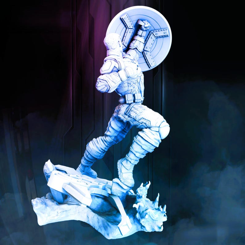 May include: A white and blue figurine of a superhero in a dynamic running pose, holding a shield. The figure is detailed with textured clothing and is mounted on a stylized base. The background has a gradient of purple and blue.