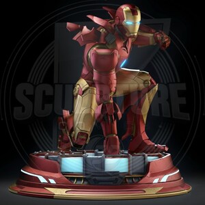 May include: A detailed statue of Iron Man in a dynamic pose, featuring a red and gold armored suit. The figure is kneeling on a red and gold base with a blue light display. The background is dark with the word "SCULPTURE" in a circle.