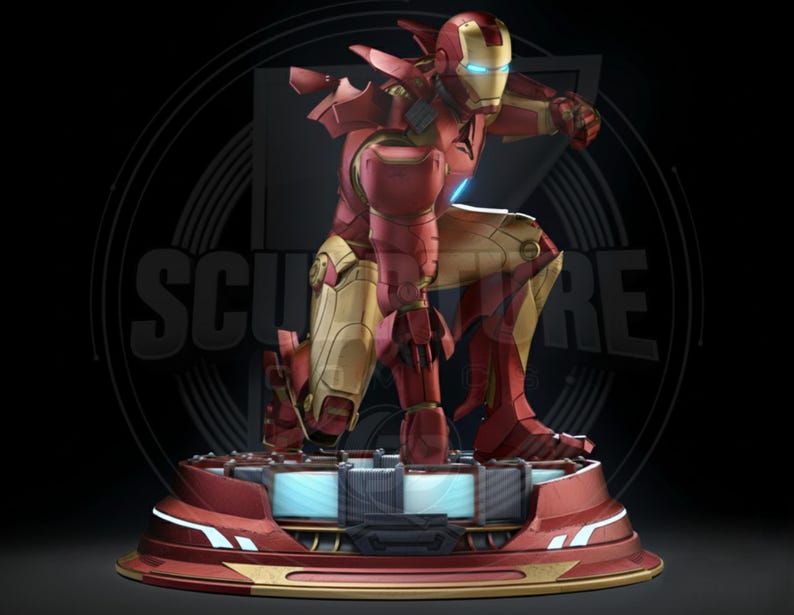 May include: A detailed statue of Iron Man in a dynamic pose, featuring a red and gold armored suit. The figure is kneeling on a red and gold base with a blue light display. The background is dark with the word "SCULPTURE" in a circle.