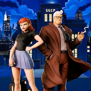 Peut inclure: Ensemble de figurines détaillées représentant une femme en haut noir et jupe plissée, et un homme en manteau marron fumant une cigarette. Le fond montre une ville avec un bâtiment "GGCP" sous un ciel nocturne.