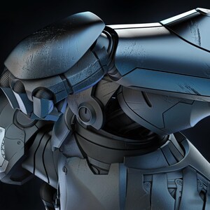 May include: A detailed, close-up view of a futuristic robotic figure. The figure is primarily metallic, with a color palette of grays and blues. The design features intricate mechanical details, suggesting advanced technology and a sci-fi theme. The surface has a worn, battle-damaged appearance.