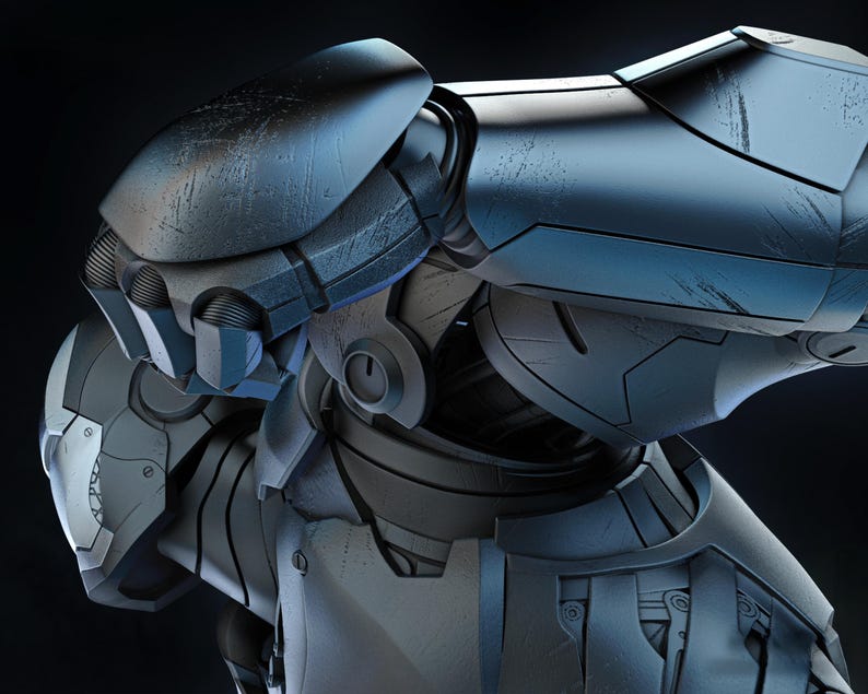 May include: A detailed, close-up view of a futuristic robotic figure. The figure is primarily metallic, with a color palette of grays and blues. The design features intricate mechanical details, suggesting advanced technology and a sci-fi theme. The surface has a worn, battle-damaged appearance.