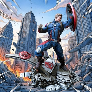 May include: A detailed illustration of Captain America in a dynamic pose, holding his shield. He is wearing a blue, red, and white costume, standing on a damaged structure with the Avengers logo. The background features a cityscape with tall buildings and a dramatic sky.