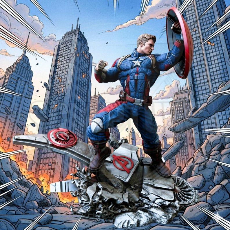 May include: A detailed illustration of Captain America in a dynamic pose, holding his shield. He is wearing a blue, red, and white costume, standing on a damaged structure with the Avengers logo. The background features a cityscape with tall buildings and a dramatic sky.