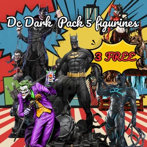 Peut inclure: Ensemble de figurines DC Dark Pack, avec Batman, le Joker et d'autres personnages. Les figurines sont dans diverses poses et costumes, sur un fond de style bande dessinée. Le texte "Dc Dark Pack 5 figurines" est affiché en haut.