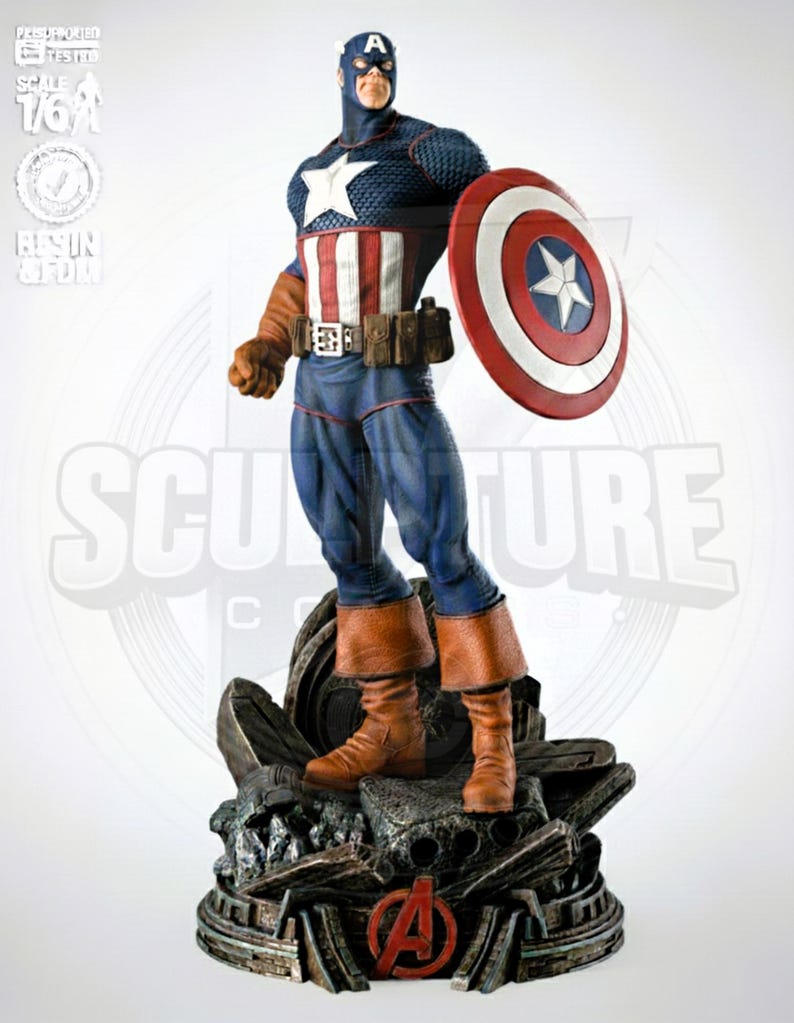 May include: A Captain America figurine in a dynamic pose, holding his iconic shield. The figure is clad in a blue, white, and red costume, with brown boots and gloves. The base features the Avengers logo.