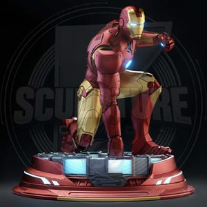 May include: A red and gold Iron Man statue in a dynamic pose, kneeling on a platform with blue lighting. The statue is detailed with metallic textures and is set against a dark background. The word "SCULPTURE" is visible in the background.