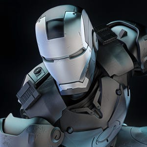 May include: A detailed, close-up image of a metallic, silver and gray armored suit. The suit has a helmet with a rectangular visor and intricate paneling. The overall design suggests a futuristic or science fiction theme.