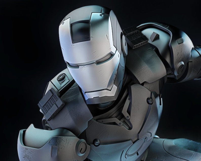 May include: A detailed, close-up image of a metallic, silver and gray armored suit. The suit has a helmet with a rectangular visor and intricate paneling. The overall design suggests a futuristic or science fiction theme.