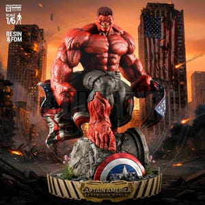 May include: A red, muscular figure, holding a tattered American flag, stands on a stone base with a Captain America shield. The figure is a 1/6 scale resin and FDM model, set against a backdrop of a city in ruins.