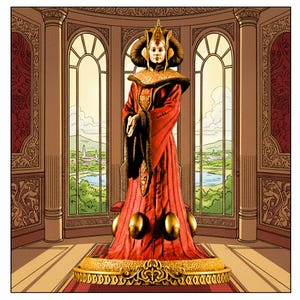 Peut inclure: Illustration d'une figure royale vêtue d'une longue robe rouge avec des détails dorés, debout sur une plateforme décorative. La figure porte une coiffe dorée et un col garni de fourrure. Le fond présente de grandes fenêtres cintrées.