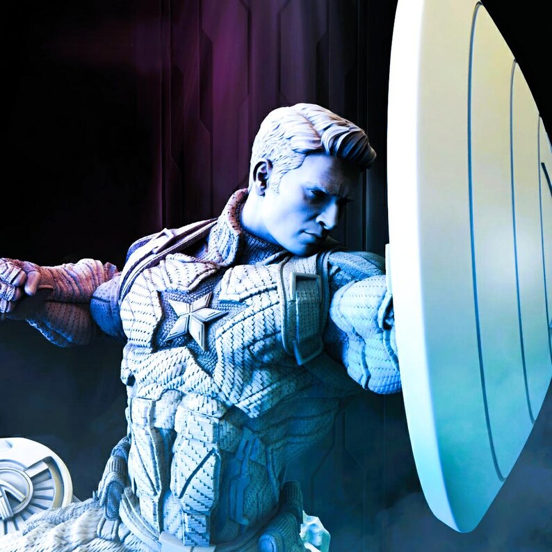 May include: A detailed statue of Captain America in a dynamic pose, holding his iconic shield. The figure is predominantly white and blue, with intricate detailing on the costume and shield. The background has a gradient of purple and black.