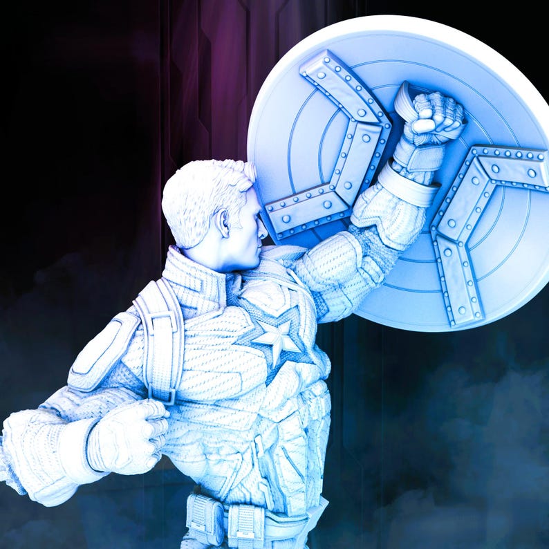 May include: A blue and white statue of a superhero in a dynamic pose, holding a shield. The figure is wearing a detailed costume with a star emblem. The shield has a circular design with metal accents. The overall theme is superhero art.