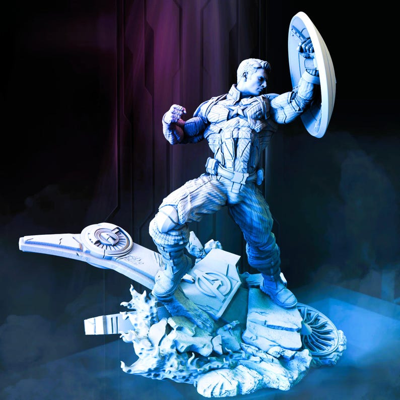 May include: A detailed figurine of Captain America in a dynamic pose, holding his shield. The figure is predominantly blue and white, standing on a stylized base with the Avengers logo. The overall design has a futuristic aesthetic.