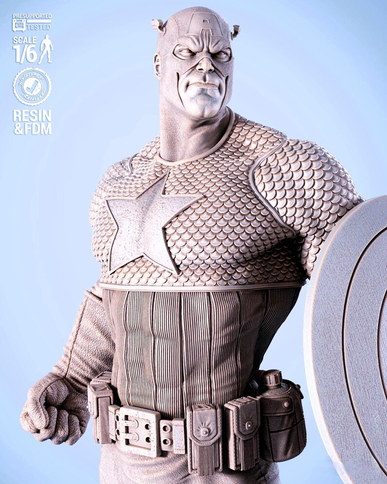 May include: A detailed statue of Captain America, featuring a star on the chest and a shield. The figure is in a neutral color, with textured armor and a utility belt. The scale is 1/6.