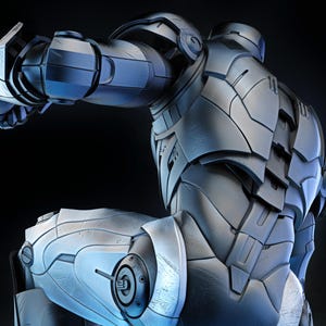 May include: A detailed, metallic silver and blue armored suit, possibly a superhero costume, is depicted against a dark background. The suit features segmented plates, intricate detailing, and a dynamic pose suggesting action. The lighting highlights the textures and contours.