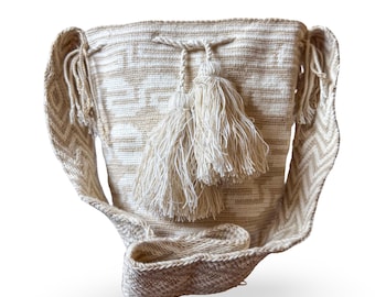 Beige Wayuu Mochila Bag - One-of-a-Kind Colombian Crossbody with Geometric Patterns | Handmade Artisan Bucket Bag