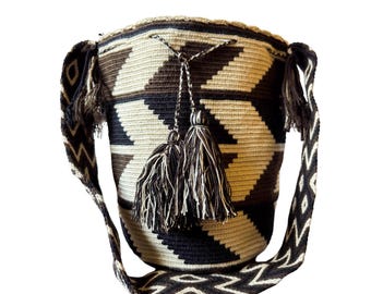 Colombian Artisan Mochila - Handmade Wayuu Bucket Bag -  Arrow Geometric Design - Black &Brown Crossbody